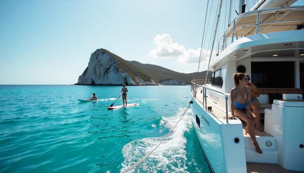 Yacht on personalized yacht itinerary near Virgin Gorda with paddleboarding guests.